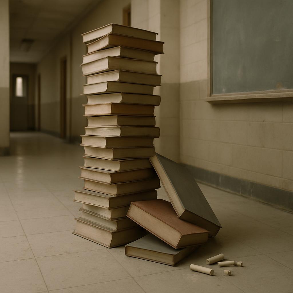 Image of a stack of books and twigs in an empty, worn-out hallway featuring a chalkboard.