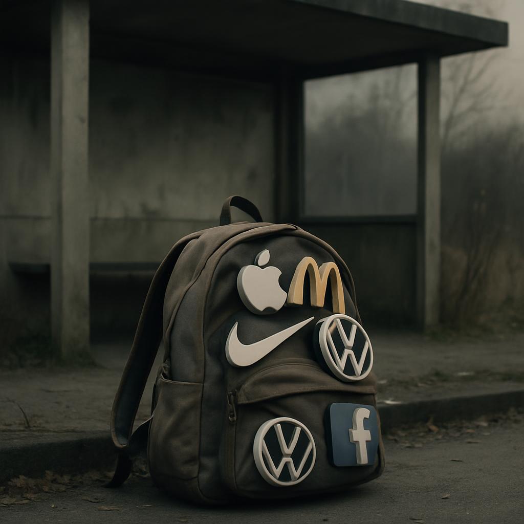 The backpack is decorated with many logos, including Nike and McDonald's.