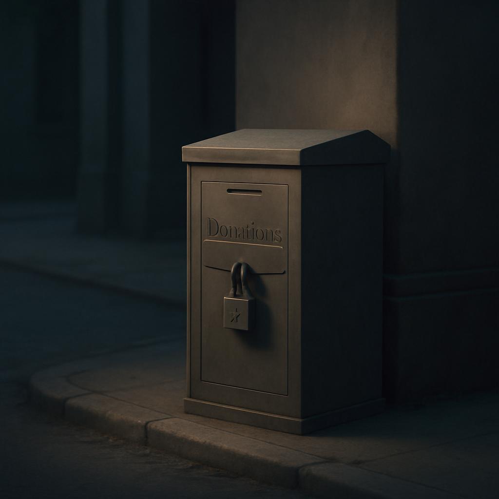 A donation box with the word 'donations' on the front is pictured. It appears to have a lock on the front door. A matching...