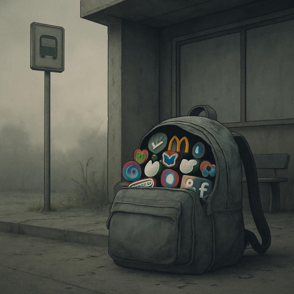 A grayscale image of an old, worn-out backpack sitting on a bus stop platform, filled with cartoonized food logos predomin...