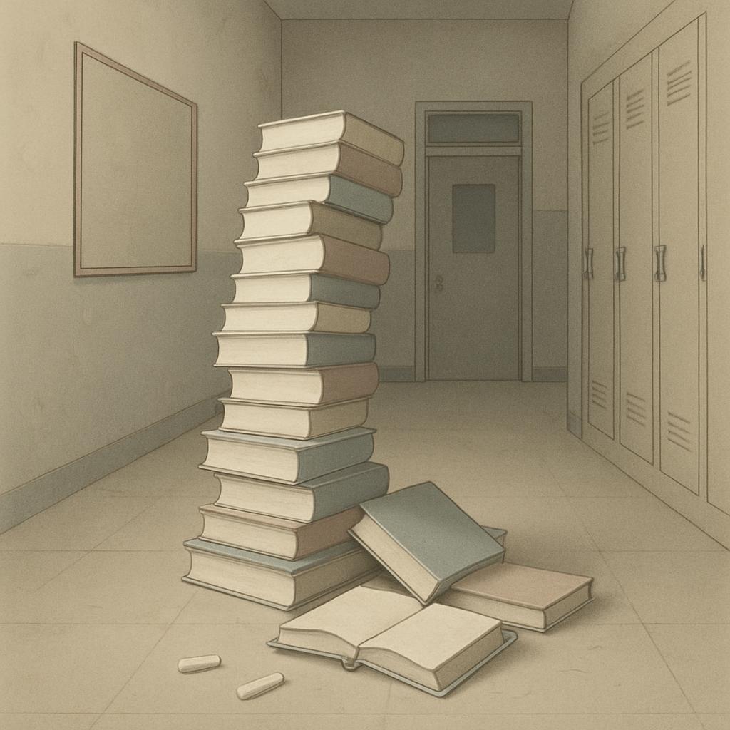 )frame-less blank whiteboard, a tall stack of books, books scattered on the floor, a hallway with lockers, a door in the b...
