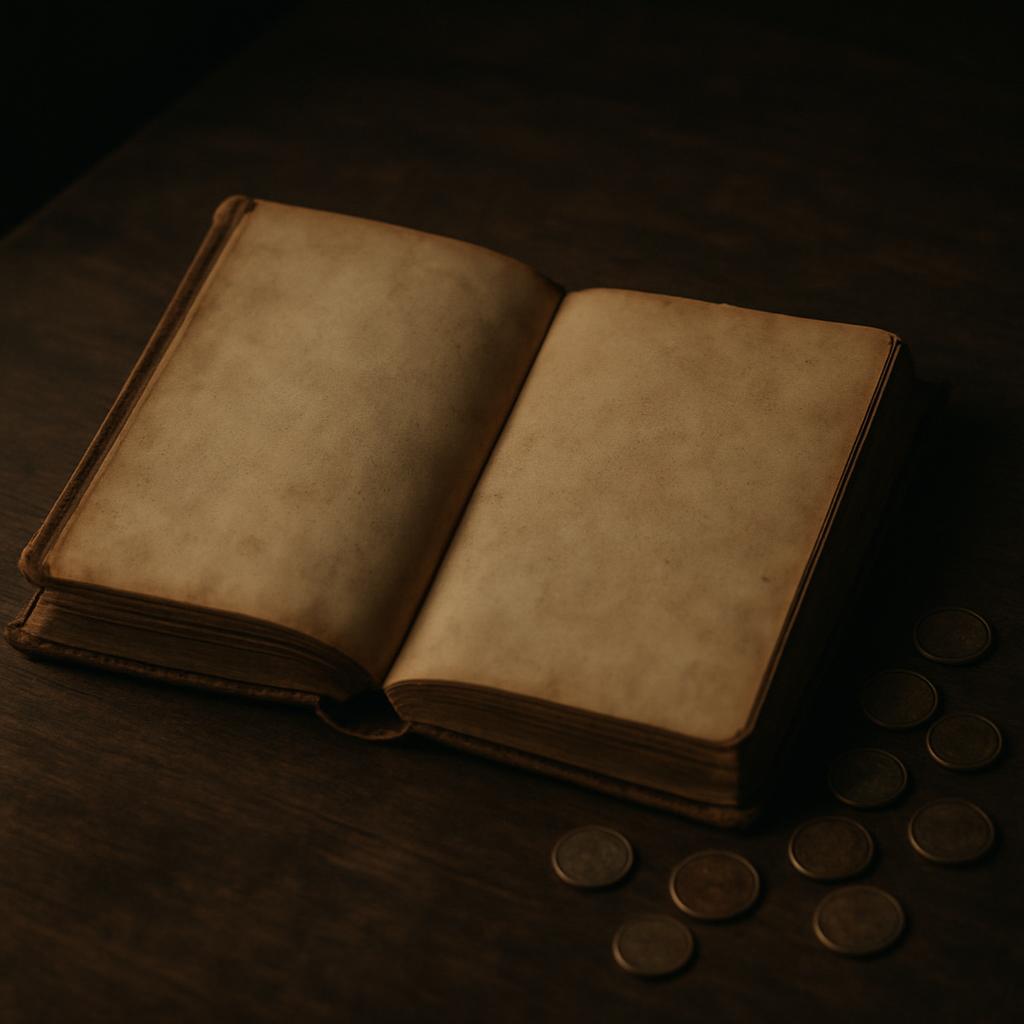 An open, aged book and scattered coins on a dark wooden surface or tabletop, with tight lighting at an angle in the upper ...